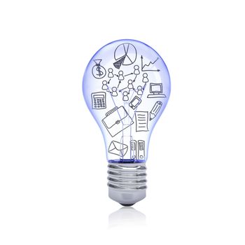 Office sketches inside light bulb. Business concept