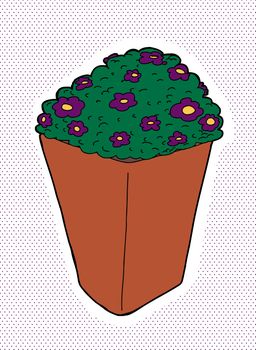 Purple pansies in clay pot over halftone background