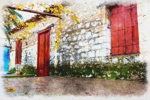 Watercolor photo of a traditional vintage house with red-brown door and windows in the winter