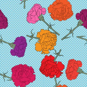 Carnations seamless pattern with pop art dots, hand drawn cartoon illustration with beautiful flowers