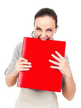 An image of a business woman bites in a red binder
