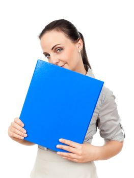 An image of a business woman with a blue binder