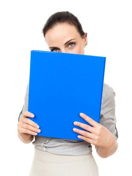 An image of a business woman with a blue binder