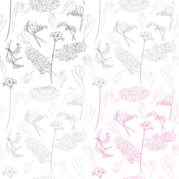 Spring flowers seamless pattern, beautiful linear hand drawn illustration with four tiles