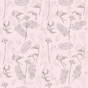 Spring flowers seamless pattern, beautiful linear hand drawn illustration