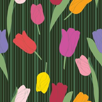 Seamless retro tulips pattern on a background with stripes, hand drawn doodle illustration