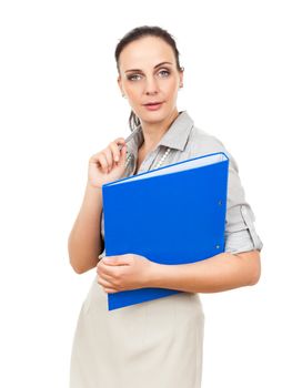 A business woman with a blue binder and a pencil