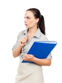 A business woman with a blue binder and a pencil