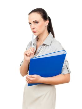 A business woman with a blue binder and a pencil