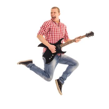 Young, crazy musician with electric guitar