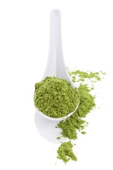 Wheatgrass powder on white spoon isolated on white background. Detox.