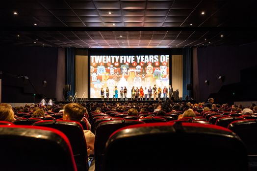 STUTTGART, GERMANY - APRIL 26, 2014: Studio Filmbilder, one of the most famous German animation and cartoon studios is celebrating its 25th anniversary during the 21st International Trickfilm Festival on April, 26,2014 in Stuttgart, Germany. Thomas Meyer-Hermann, director of the studio is gathering all members of the team (current and past) on stage.