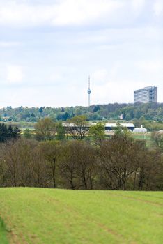 View on Stuttgart, Germany - TV Tower and Asemwald housing project over the fields