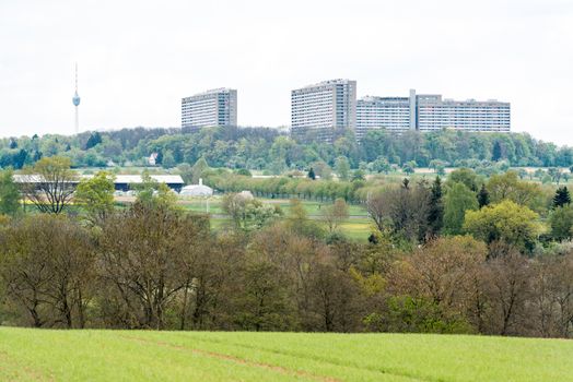 View on Stuttgart, Germany - TV Tower and Asemwald housing project over the fields