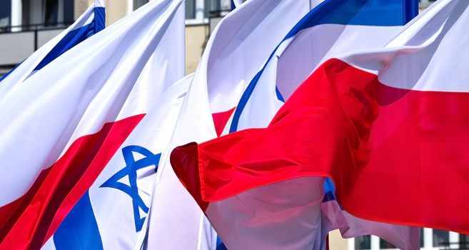 Warsaw, Poland – April 19, 2014: Celebration of the 71 anniversary of the Warsaw Ghetto Uprising. Flags.