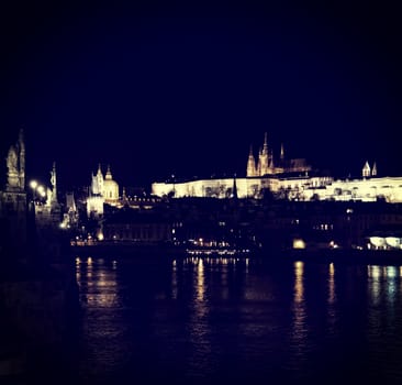 View of the Castle in Prague at night. blue toning