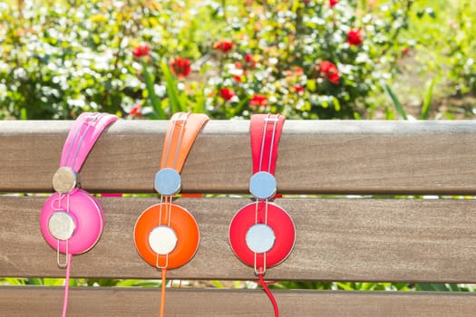 Three varicolored headphones of different colors no wood bench in park