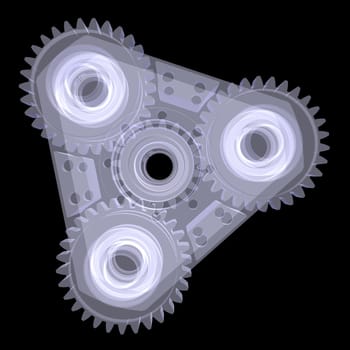 Mechanism with gears. X-ray render isolated on black background