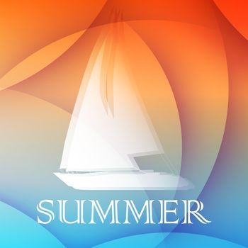 abstract summer background with text and boat in orange and blue, flat design