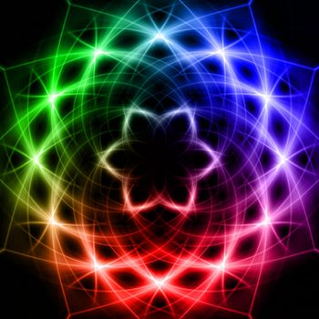 abstract rainbow colourful star with shining light rays like mandala form