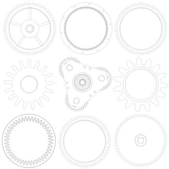 Collection of gears. Wire frame isolated render on white background