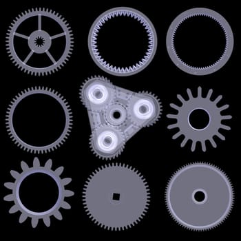 Collection of gears. X-ray render isolated on black background