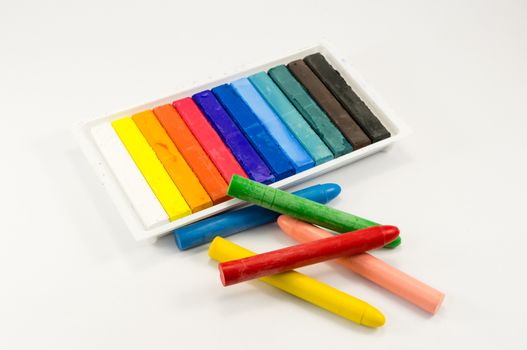Materials for drawing, chalk and colored crayons