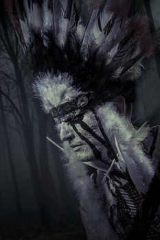 American Indian warrior, chief of the tribe. man with feather headdress and tomahawk