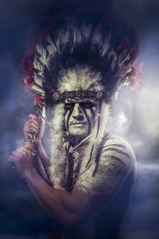 American Indian warrior, chief of the tribe. man with feather headdress and tomahawk, clouds