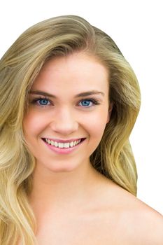 Smiling blonde natural beauty on white background