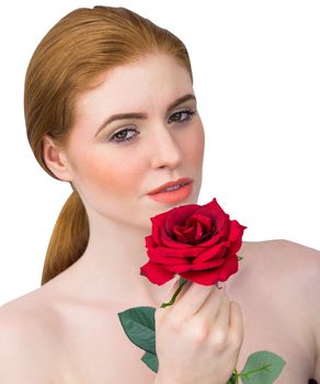 Beautiful redhead posing with red rose on white background