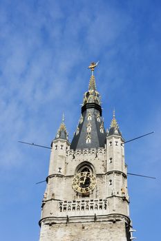 Top section of the Ghent Belfry's tower with the Gulden Draak statue on top.