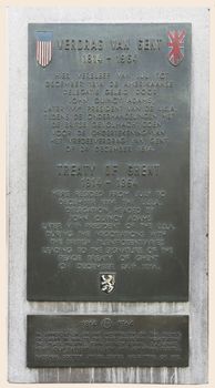 Memorial plaque in shopping street of Ghent remembering the negotiations and signing of the Treaty of Ghent between the USA and the UK in 1814.