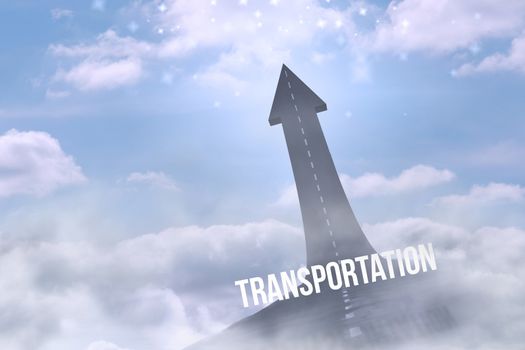 The word transportation against road turning into arrow