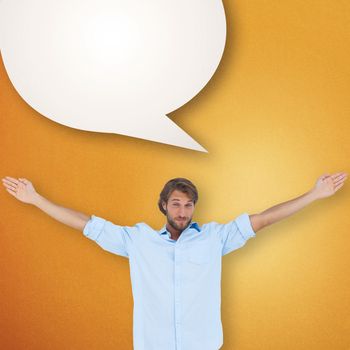 Handsome man raising hands  against speech bubble