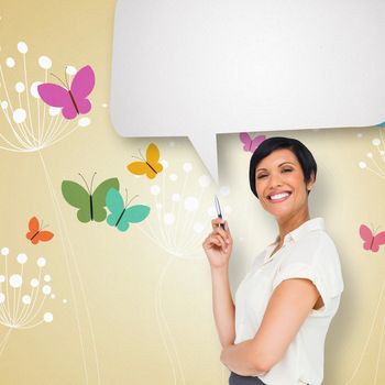 Thoughtful businesswoman with speech bubble against feminine design of dandelions and butterflies 