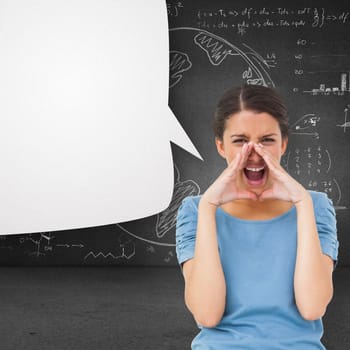 Pretty brunette shouting against speech bubble