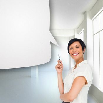 Thoughtful businesswoman with speech bubble against white room with windows