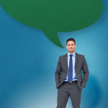 Thinking businessman with speech bubble against blue background with vignette