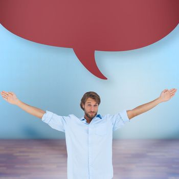 Handsome man raising hands  against speech bubble