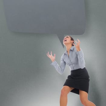 Furious businesswoman gesturing with speech bubble against grey vignette
