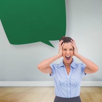 Stressed businessswoman with hand on her head against speech bubble