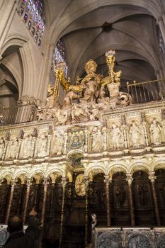 Interior of Toledo Cathedral. Arcs, organ, columns and gothic art. Spain