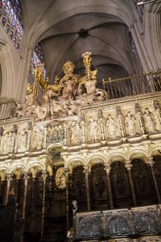 Interior of Toledo Cathedral. Arcs, organ, columns and gothic art. Spain