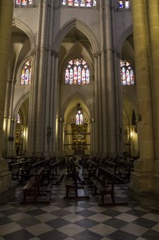 Interior of Toledo Cathedral. Arcs, organ, columns and gothic art. Spain