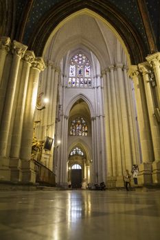 Interior of Toledo Cathedral. Arcs, organ, columns and gothic art. Spain