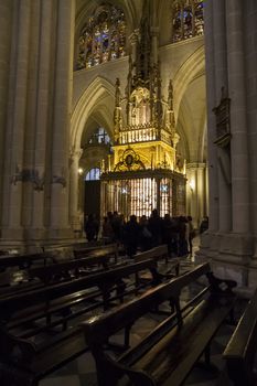 Interior of Toledo Cathedral. Arcs, organ, columns and gothic art. Spain