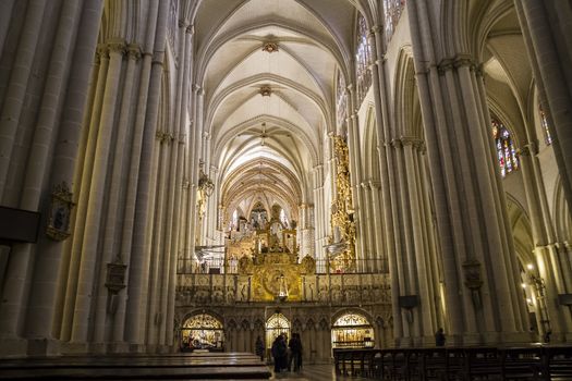 Interior of Toledo Cathedral. Arcs, organ, columns and gothic art. Spain