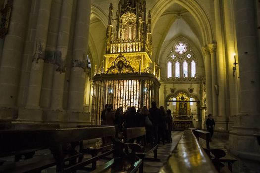 Interior of Toledo Cathedral. Arcs, organ, columns and gothic art. Spain