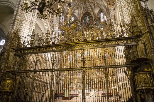 Interior of Toledo Cathedral. Arcs, organ, columns and gothic art. Spain